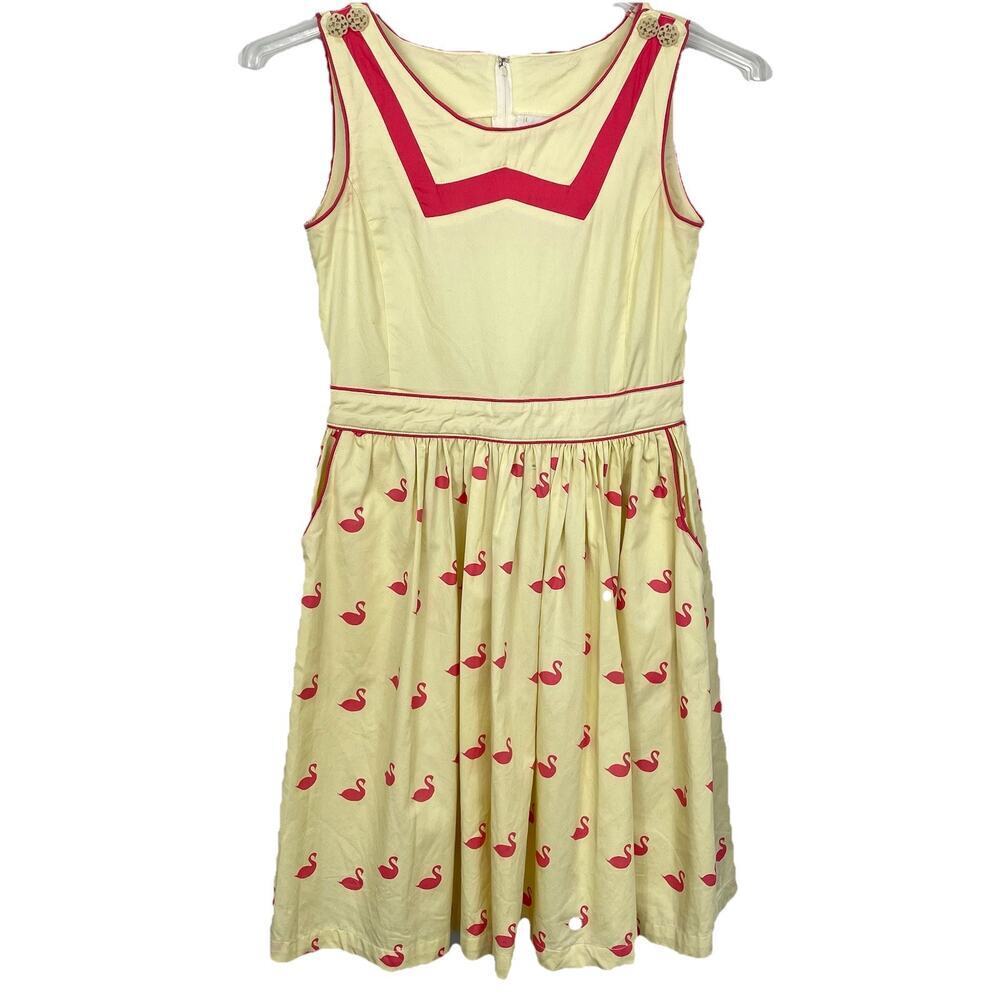 Knitted Dove 50's Style Dress Women Small Yellow Swan Print Fit n Flare Pin-up
